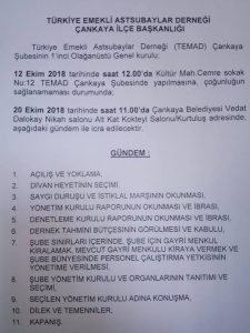 TEMAD Çankaya Şube Başkanlığı Yönetim Kurulu 12 Eylül 2018 tarihinde 1. Olağanüstü Genel Kurul kararı almıştır.